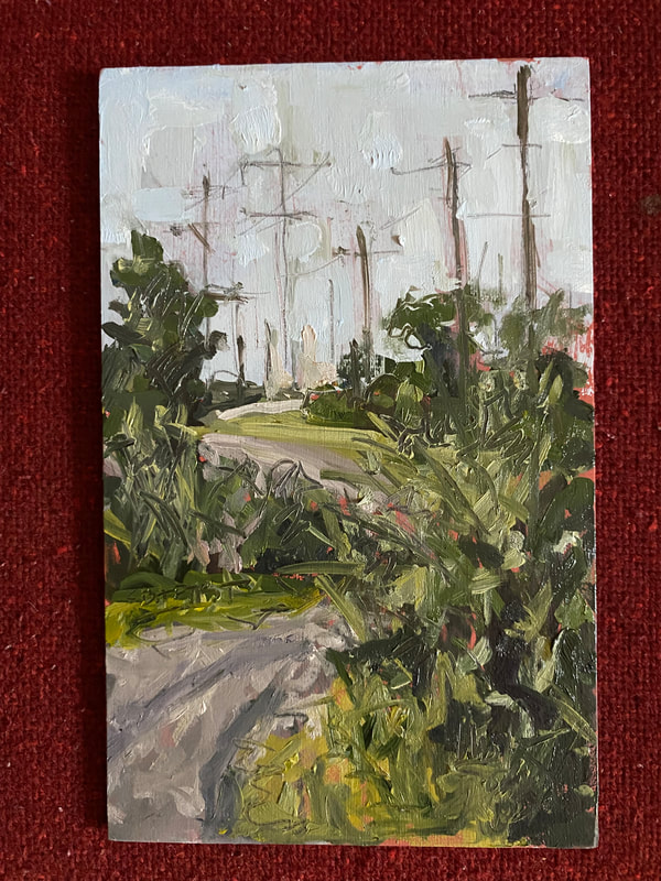 landscape oil painting of winding road wit lots of greenery obscoring the path and utiliy poles in the distance. By artist sarah Baptist