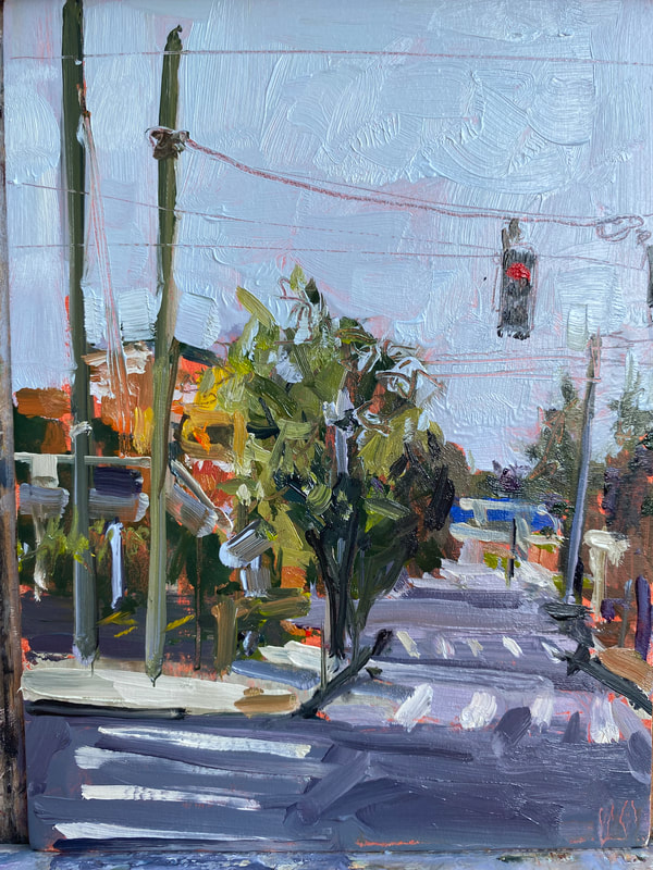 Urban landscape painting by Sarah Baptist of intersection. View of tree, stop light thats red, 2 poles on right and cross walks on road that dominates the left of picture.