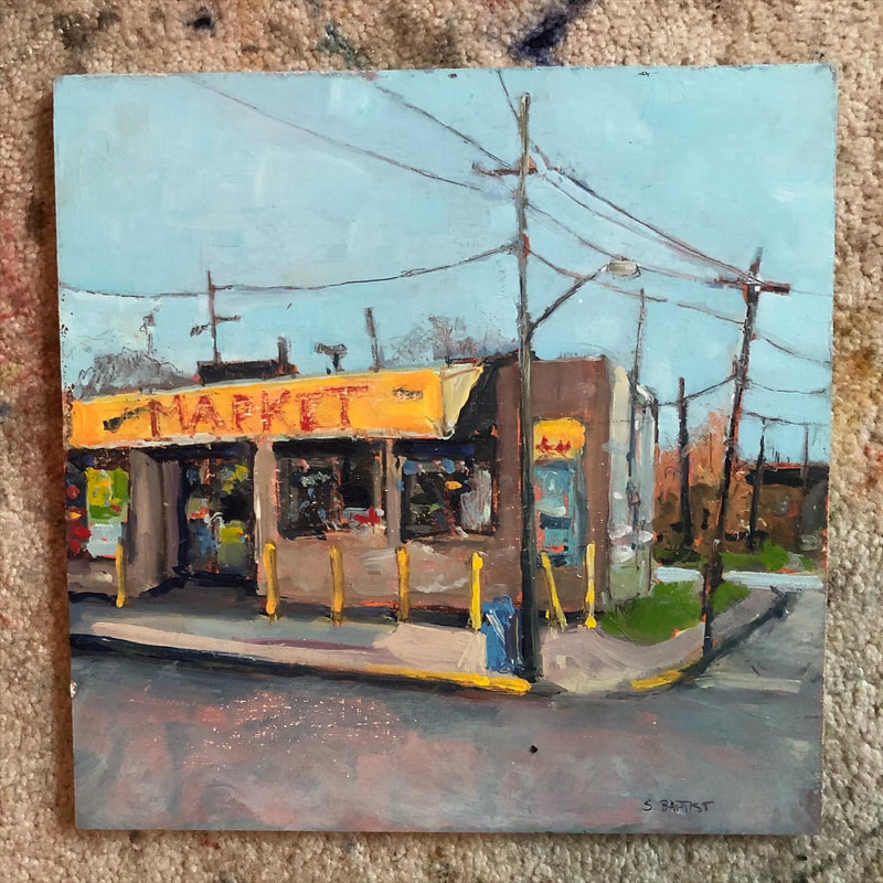Urban landscape plein air oil painting by artist Sarah Baptist of inner city market. Painting used to inspire abstract series talked about in blog.