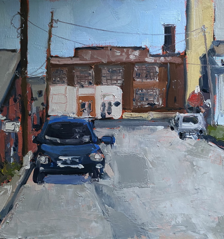 plein air oil painting. Urban landscape street with blue car and old brick manufacturing building in background by artist Sarah Baptist