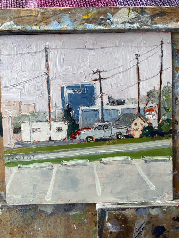 small painting of a parking lot on a gray day. monochromatic but not dreary. artist Sarah Baptist