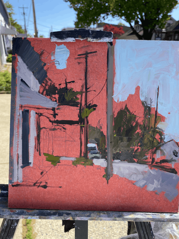 urban landscape painting in progress. plein air. Bellefonte blvd