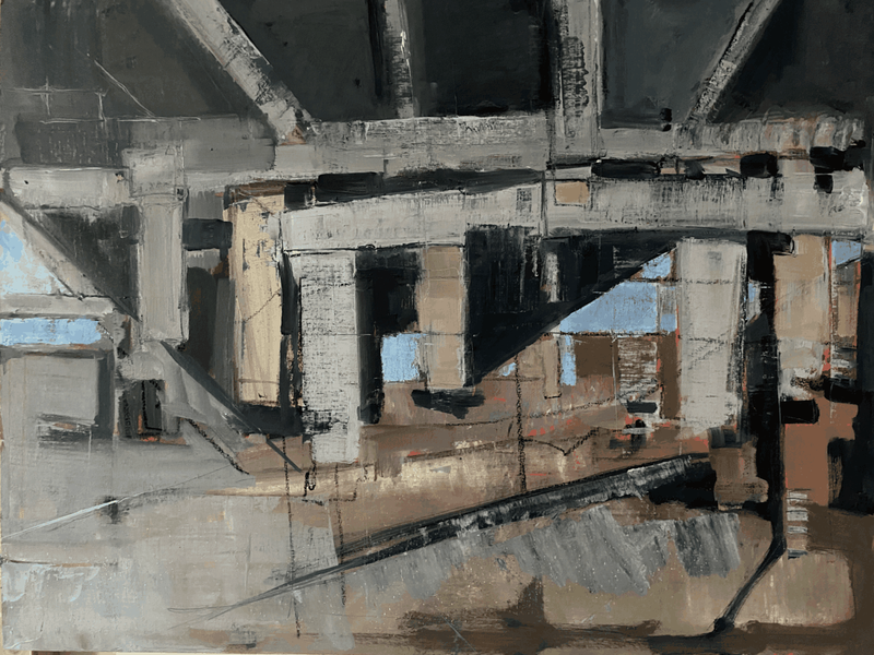 Abstract painting of structure of a brige by urban landscape oil painter Sarah Baptist. Tones of grays mostly with a few shapes of sky blue lighten this painting