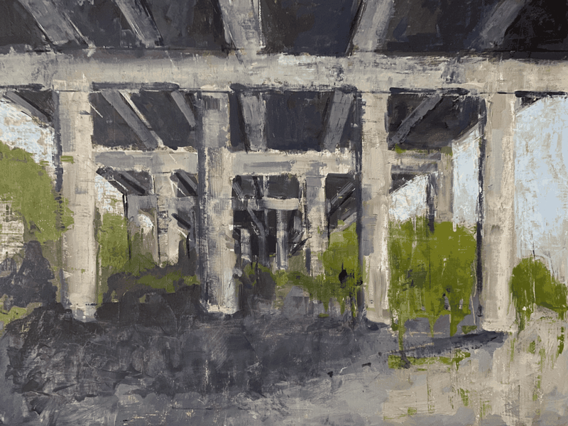 Representational painting of underside view of bridge...showing structure and green landscape between columns of bridge. By urban landscape artist Sarah Baptist