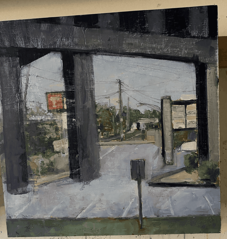 Urban landscape artist Sarah baptist took one of her older plein air paintings and super-imposed a bridge on it to create this new painting.
