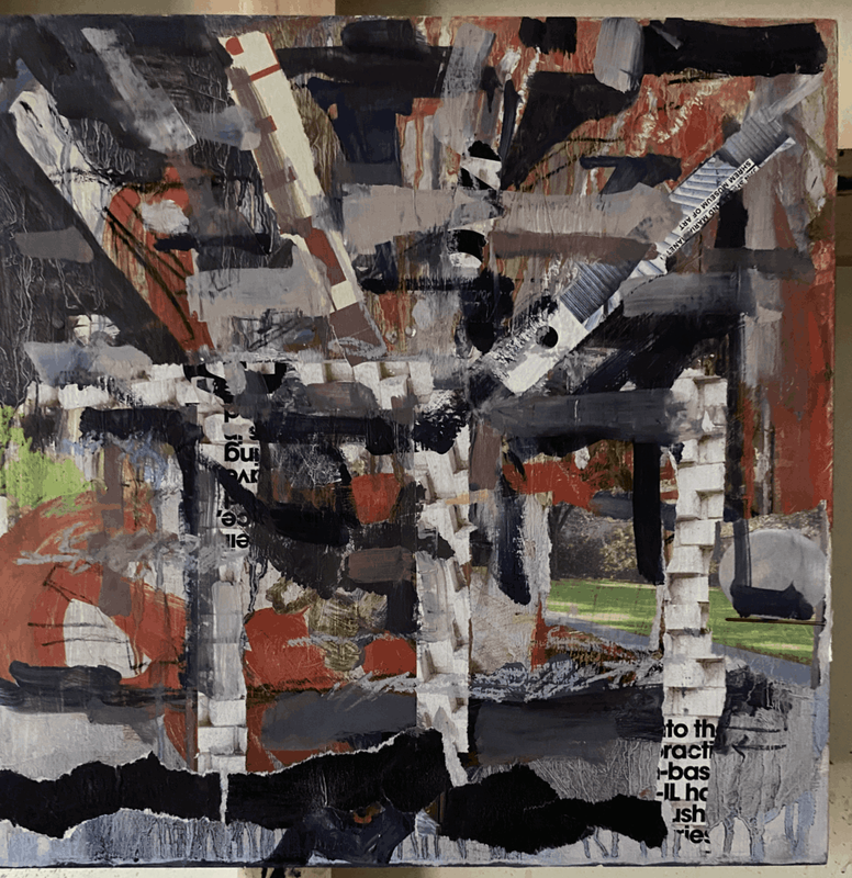 Abstracted version of bridge structure in oil and collage in red, grays and black with a hint of green to suggest landscape. Done by urban landscape artist Sarah Baptist