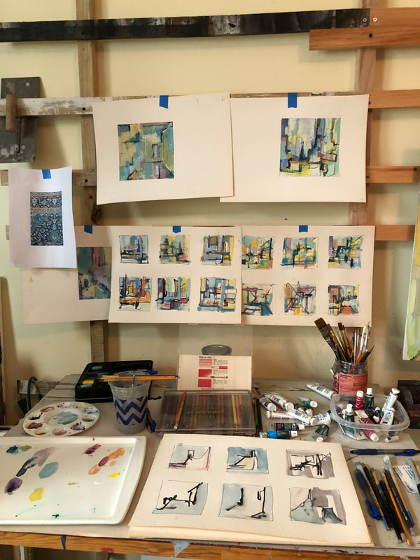 working on gouache abstract sketches for larger abstract paintings - Sarah Baptist studio
