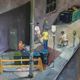 Oil painting of construction workers on a Break! By urban landscape artist Sarah Baptist