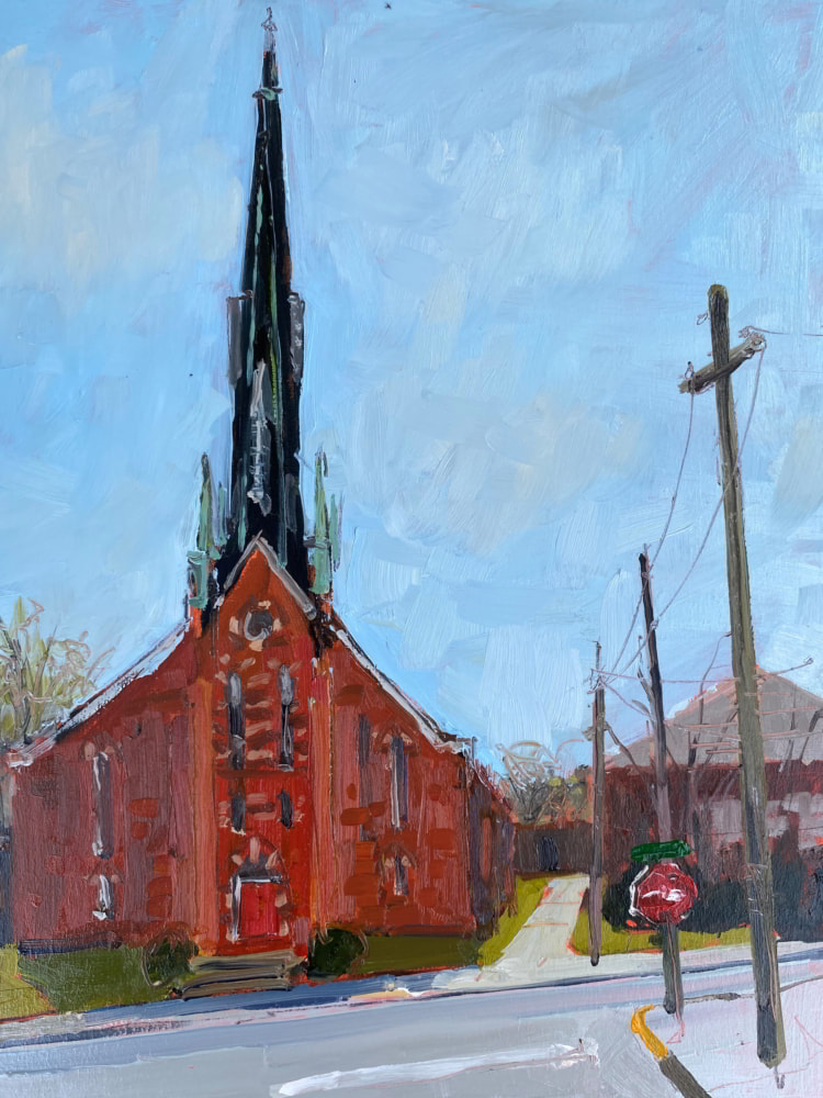 Plein air painting of lutheran church. Sleek steeple and bright blue sky. Painted by urban landscape artist Sarah Baptist