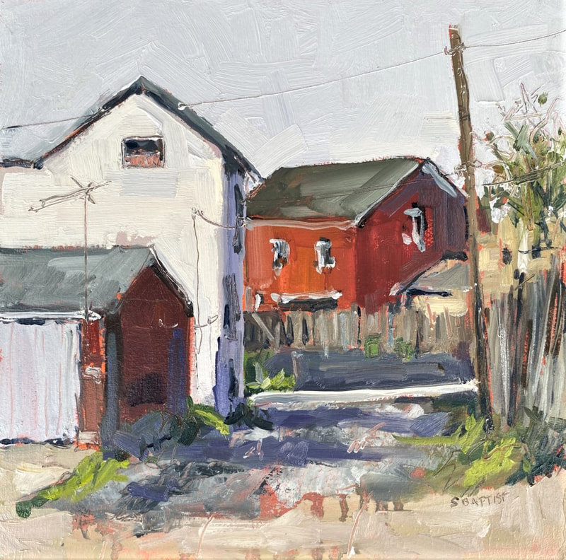 painting of alley with 3 buildings and strong sun on one white building by artist Sarah Baptist