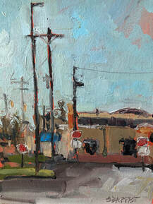 urban plein air oil painting by artist Sarah Baptist. Parking lot with utility poles in the distance.