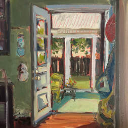 Sarah Baptist's oil painting Quarantined #21 is on of thelast in this series responding to Shelter at Home covid 19. This one looks out to her back yard on a sunny day as talk of re-opening is in the news.
