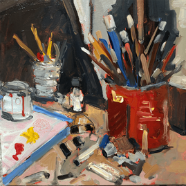 Studio oil painting of a corner of artist palette table with coffee can full of brushes by artist Sarah Baptist