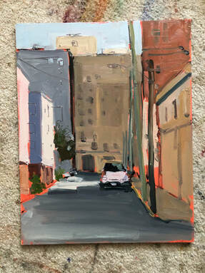 work in progress-oil painting of street scene in Wilmington, Delaware by artist Sarah Baptist