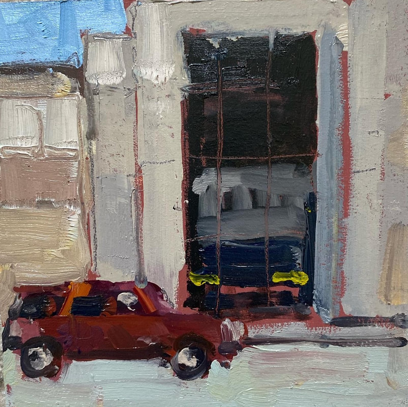 Small juicy oil painting done en plein air of a red SUV outside a regal movie house. Artist Sarah Baptist. Urban landscape artist