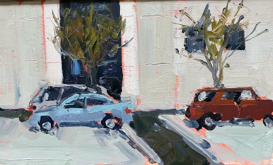 Quick oil sketch of a few cars parked at a mall. Painted on location or plein air by urban landscape artist Sarah Baptist.