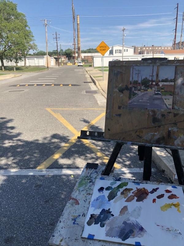 Delaware artist on location painting plein air urban landscape for 25 days of minis 2020