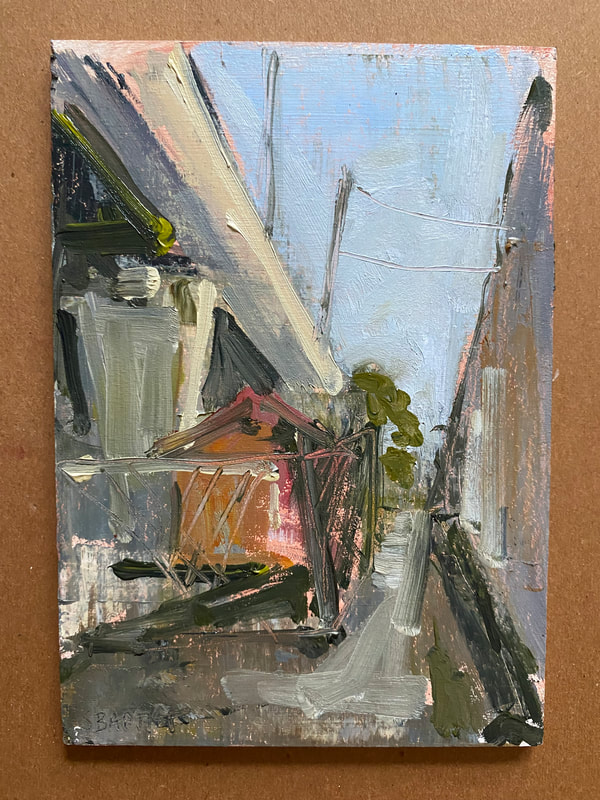 6' x 8" plein air oil painting with bridge on one side, sky in middle and highway support on right so the sky is a bright blue wedge in the center. By urban artist Sarah Baptist