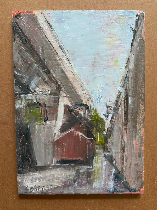 6' x 8" plein air oil painting with bridge on one side, sky in middle and highway support on right so the sky is a bright blue wedge in the center. By urban artist Sarah Baptist
