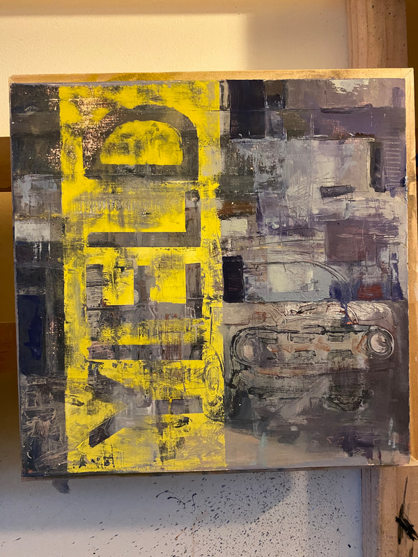 urban landscape oil painting. gray textured background with word "YIELD" on left side painted in worn fashion, in yellow traffic sign color.